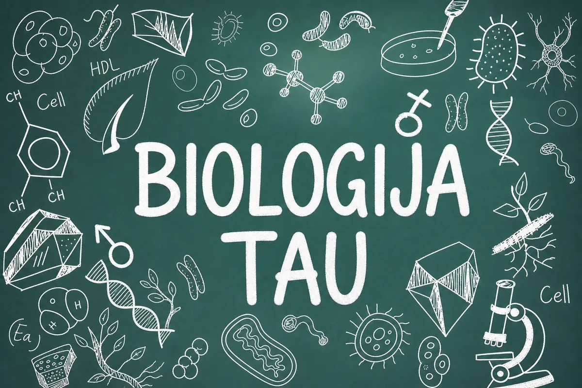 Kreidinė lenta su užrašu Biologija tau ir biologijos piešiniais